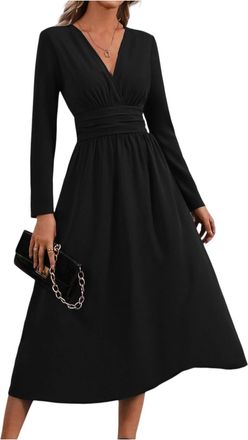 Generic Women Maxi Dress Autumn Winter 2025 Fashion Elegant Long Sleeve V Neck Solid Color Party Club Wedding Guest Dresses,Sleeveless Dresses For Women 3Xl M