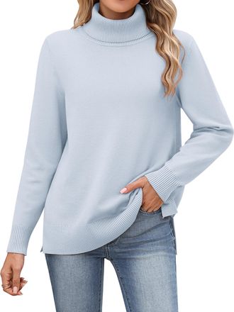 Zeagoo UK Womens Jumpers Plain Ribbed Turtle Roll Neck Tunic Top Long Sleeve Sweatshirt Ladies Winter Clothes Pullover Sweaters Light Blue S