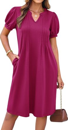 Grace Karin Womens A-Line Short Sleeve Summer Casual Henley Neck Pockets Midi Dresses Prom Wedding Guest Rose red XL