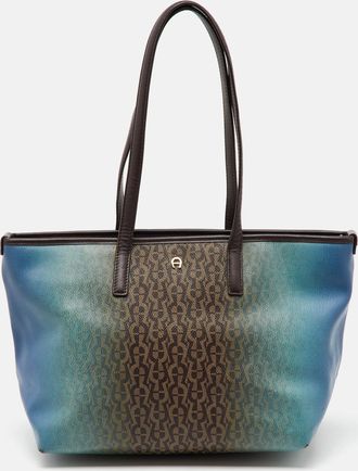 Aigner Dark Brown/blue Signature Coated Canvas And Leather Tote