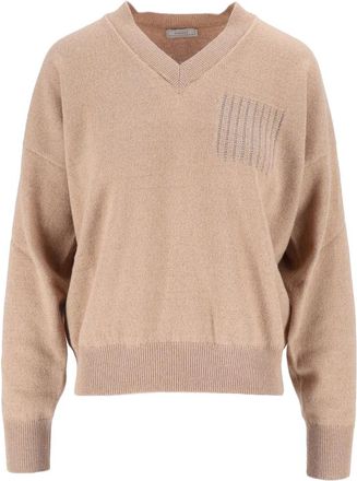 PESERICO Trui met V-hals en opgestikte zakken - Dames - V-hals truien - Beige - L - Wol - Truien & Vesten