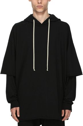 Rick Owens Layered Black Hoodie With Contrasting Drawstrings And Oversized Fit