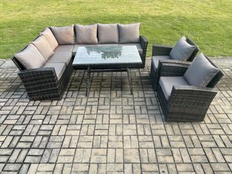 Fimous High Back Outdoor Garden Furniture Set Rattan Corner Sofa Dining Table Set With 2 Armchairs 8 Seater in Dark Grey