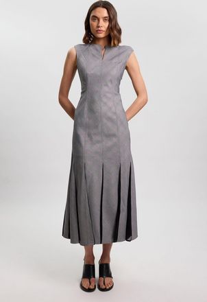 Karen Millen Womens Petite Soft Tailored Check Godet Detail Midi Dress - Grey - Size 16 UK