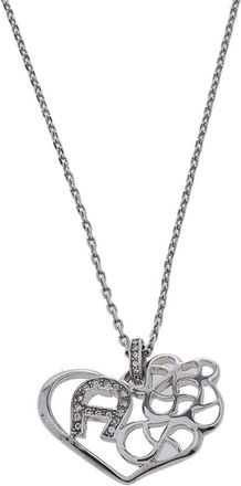Aigner Silver Tone Crystal Logo Heart Pendant Necklace