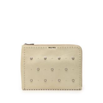 Miu Miu Pre-owned Miu Miu Faux Pearl Studded Leather Clutch Ladies EGGUXXJQEXNBTUE4