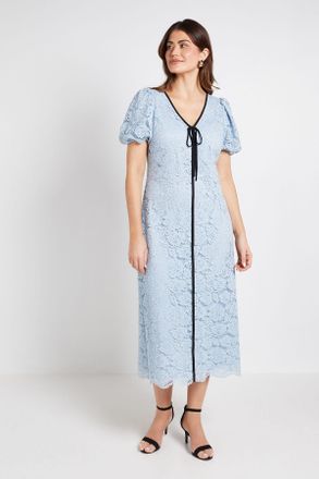 Wallis Womens Lace Contrast Column Dress - Blue Cotton - Size 10 UK
