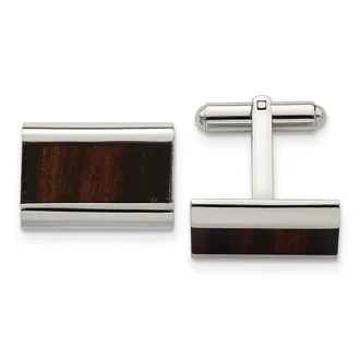 Diamond2Deal Stainless Steel Polished Black Koa Wood Inlay Rectangle Cufflinks