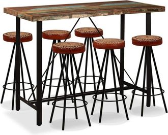 vidaXL Mesa y 6 taburetes bar madera maciza reciclada cuero real lona vidaXL