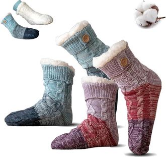 Generic Knitted Ultra-Thick Slipper Home Socks, Tri-color Knit Patchwork Non-Slip Warm Winter Socks, Cozy Fuzzy Lined for Men Women (2, Purple+Blue)