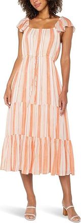 Liverpool L.A. Flutter Sleeve Woven Maxi Dress With Cinched Waist Womens Dress Orange Tan Stripe : MD, Rayon