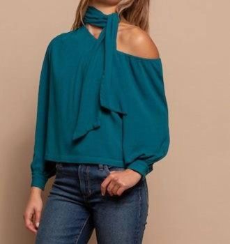 Red Haute One Shoulder Tie Neck Top In Teal