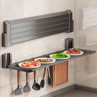 OEM Mensola Per La Preparazione Delle Verdure Da Cucina Senza Fori, Mensola Pieghevole A Parete A Pi&ugrave; Livelli + 5 Ganci, Grigio Scuro, 48188 Cm