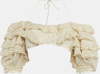 Zimmermann Off White Cotton Blend Ruffled Off Shoulder Crop Top