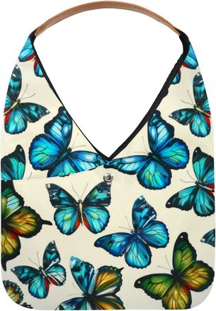 Generic Green Blue Butterflies Pattern Reusable Lightweight Grocery Bags - Foldable Into Compact Pouch, Washable & Sturdy, Multipurpose for Shopping and Trave