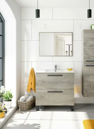Dmora Armario Bajo Fregadero Douna, Mueble De Ba&ntilde;o De 2 Cajones, Mueble Colgante Con Espejo, Lavabo No Incluido, 80x45h80 Cm, Roble - Dmora