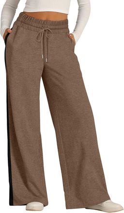 Generic Womens Wide Leg Sweatpants with Contrast Side Stripe, High-Waisted Drawstring Lounge Pants, Casual Loose Fit Trousers for Workout & Daily Wear Brown