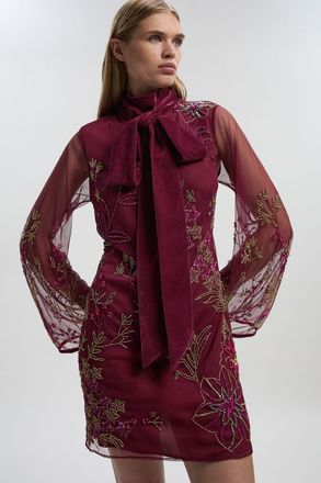 Karen Millen Womens Floral Applique Embellished Organdie Woven Mini Dress - Purple - Size 12 UK