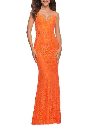 La Femme Lace Prom Dress with Illusion Embellished Sides in Neon Colors in Orange at Nordstrom, Size 10