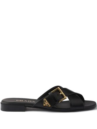 Prada Leather Crisscross Slides With Buckle Shoes