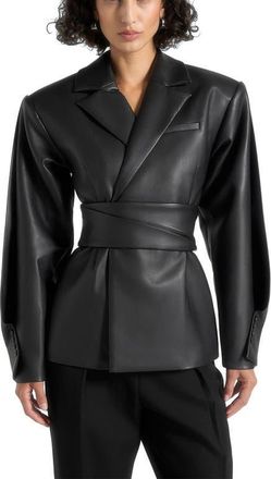Mani&egrave;re De Voir Marie Twist Sleeve Leather Blazer with Belt in Black at Nordstrom, Size 4
