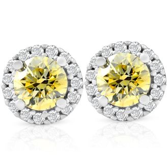 Pompeii3 1/2 Ct Halo Fancy Canary Yellow Lab Grown Diamond Studs 10k White Gold Earrings