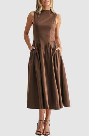 Mila Mae Mock Neck Drop Waist Fit & Flare Midi Dress in Brown at Nordstrom, Size X-Small