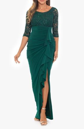 Betsy & Adam Metallic Lace & Chiffon Gown in Pine at Nordstrom, Size 16