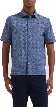 Bugatchi Milo OoohCotton Leaf Print Short Sleeve Button-Up Shirt in Cobalt at Nordstrom, Size Xx-Large