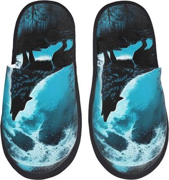 Generic Blue Full Moon Wolf Unisex Shoes Warm House Slippers Cosy House Shoes For Winter Bedroom Outdoor L