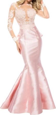 Sherri Hill Long Sleeve Lace Satin Dress In Blush