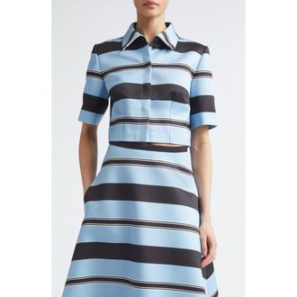 Emilia Wickstead Natalie Stripe Taffeta Faille Crop Button-Up Shirt in Graphic Stripe - Blue Black at Nordstrom, Size 10