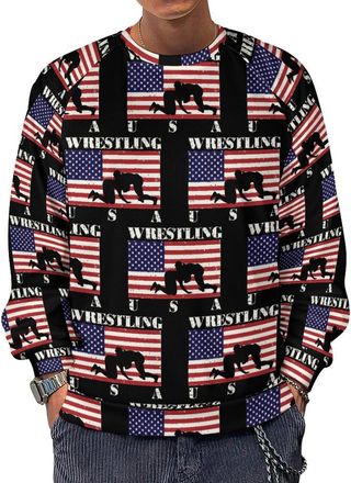 Generic Wrestling U.S.A. Flag Mens Crewneck Sweatshirt Pullover Long Sleeve Shirt Casual Top