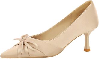Generic Women Pointed Toe Stiletto High Heels 6CM Satin Pumps Bow Wedding Evening Party (Beige,5.5)