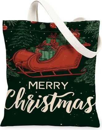 Generic Christmas Sleigh Canvas Tote Bags, Holiday Design Reusable Grocery Bags, Vintage Lightweight Washable Shoulder Strap Canvas, Green, 13x15 Inch