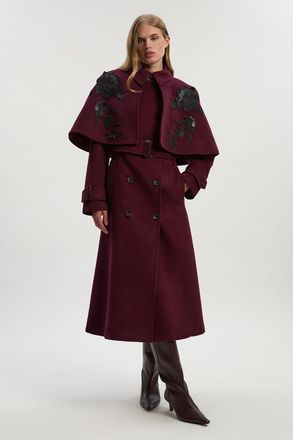 Karen Millen Womens Brushed Wool Pu Mix Placed Floral Embroidery Applique Tailored Cape Full Skirted Midi Coat - Burgundy - Size 12 UK