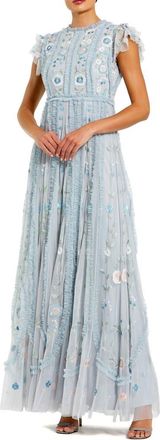 Mac Duggal Floral Embroidered Flutter Sleeve Maxi Gown in Powder Blue at Nordstrom, Size 12