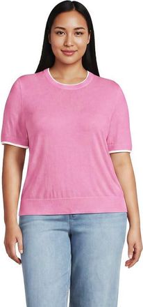 Lands End Plus Size Double Trim Cotton Crew Neck Tee Sweater in Seaside Pink/white at Nordstrom, Size 3X