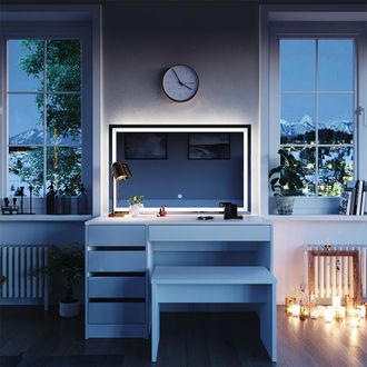 Vicco Tocador Sherry, Blanco, 120 Cm Con Espejo Led Y Banco Vicco
