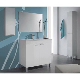 Dmora Mobile sottolavabo Augusta, Mobiletto per bagno a 2 ante, Armadietto da terra con specchio, 80x45h80 cm, Bianco