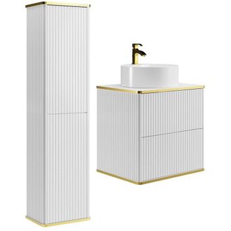 Vente-Unique Mobile bagno sospeso con scanalature con lavabo dappoggio tondo e colonna - Bianco - 60 cm - KELIZA