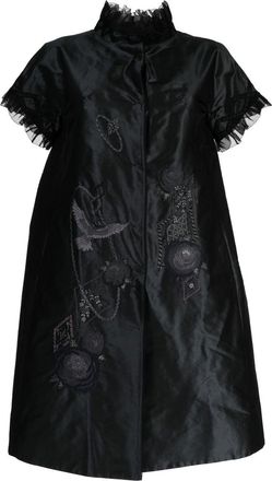 Shiatzy Chen silk embroidered ruffle-trim coat - women - Mulberry Silk/Silk - 38 - Black
