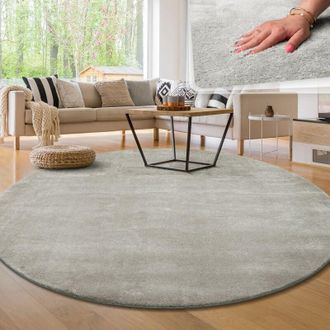Paco Home Paco Home - Alfombra Moderna para Salón a Pelo Corto Lavable Suave Uni Efecto Piel Antideslizante Plata, ø 200 cm redon