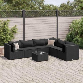 vidaXL Set De Muebles De Jard&iacute;n Y Cojines 7 Pzas Rat&aacute;n Sint&eacute;tico Negro Vidaxl