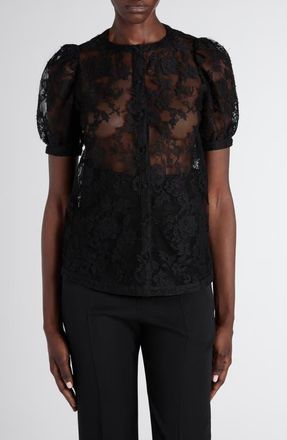 Alexander McQueen Puff Sleeve Sheer Floral Lace Shirt in Black at Nordstrom, Size 10 Us