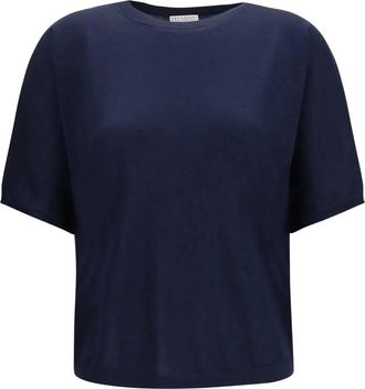 Brunello Cucinelli Trui met ronde hals van kasjmier en zijde - Dames - Truien - Blauw - Maat: S Zijde