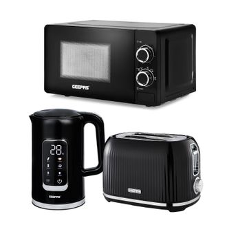 Geepas 1.7L Digital Electric Kettle 2 Slice Bread Toaster & Microwave Kitchen Combo Set in Black