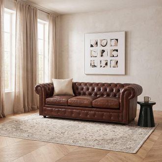 Maisons du monde Sof&aacute; vintage de 3 plazas de piel marr&oacute;n capiton&eacute;