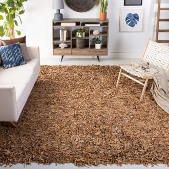 Safavieh Leather Shag Hand Made Area rug, Light Gold Shag / Flokati Style Non-Shedding