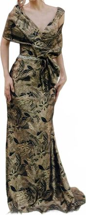 Terani Couture Long Brocade V Neck Mermaid Dress In Black Gold